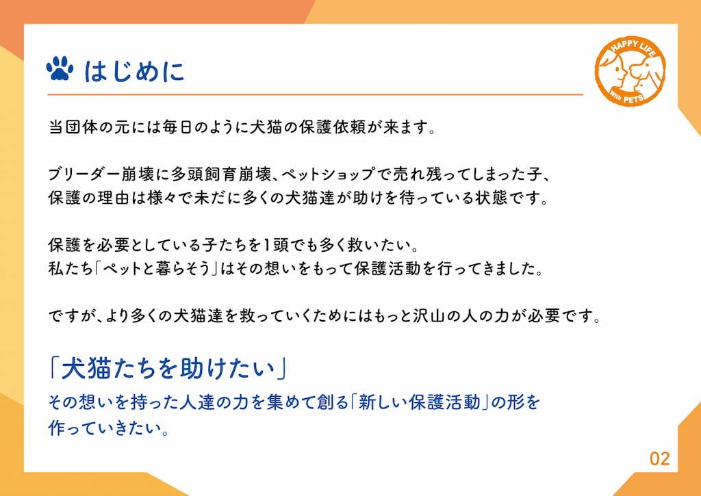 はじめに当団体の元には毎日のように犬猫の保護依頼が来ます。ブリーダー崩壊に多頭飼育崩壊、ペットショップで売れ残ってしまった子、保護の立裕は様々で未だに多くの犬猫達が助けを待っている状態です。保護を必要としている子たちを1頭でも多く救いたい。私たち「ペットと暮らそう」はその想いをもって保護活動を行ってきました。ですが、より多くの犬猫達を救っていくためにはもっと沢山の人の力が必要です。「犬猫たちを助けたい」その想いを持った人達の力を集めて創る「新しい保護活動」の形を作っていきたい。